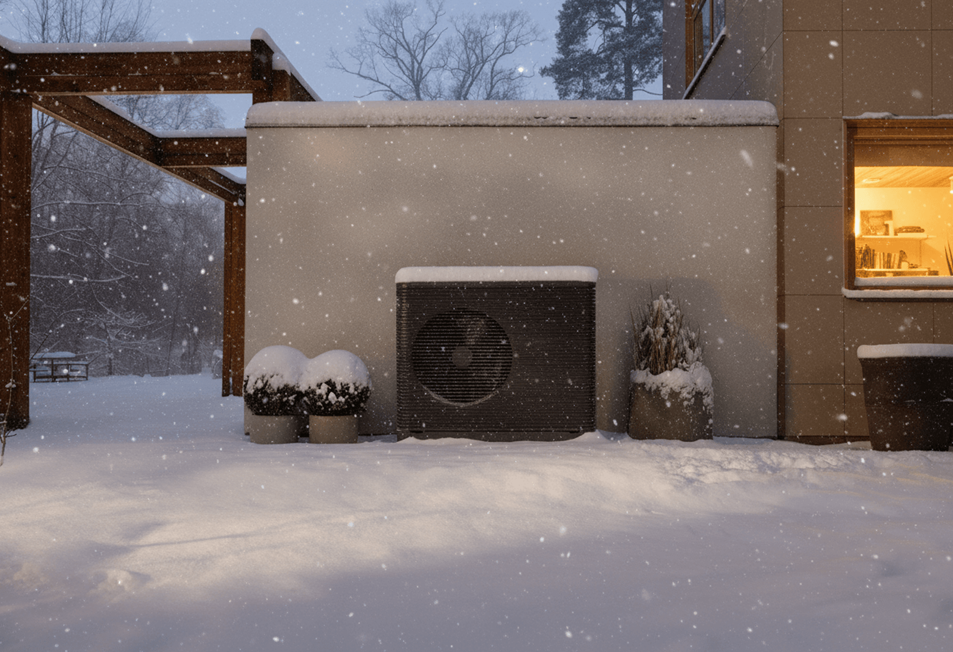 The Aira Heat Pump in the snow at night