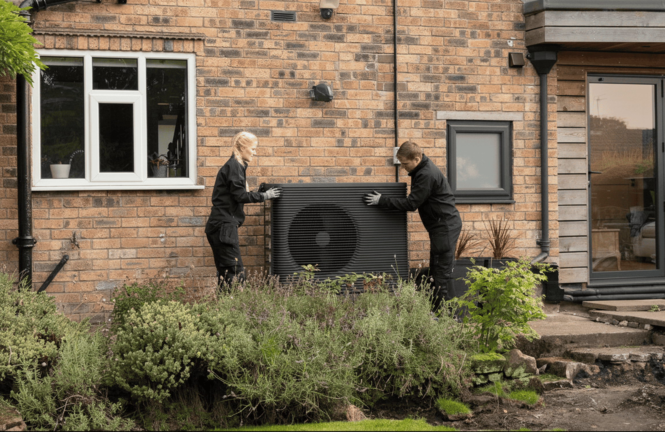 Picture of two technicians installing the outdoor unit of the Aira Heat Pump at a UK home
