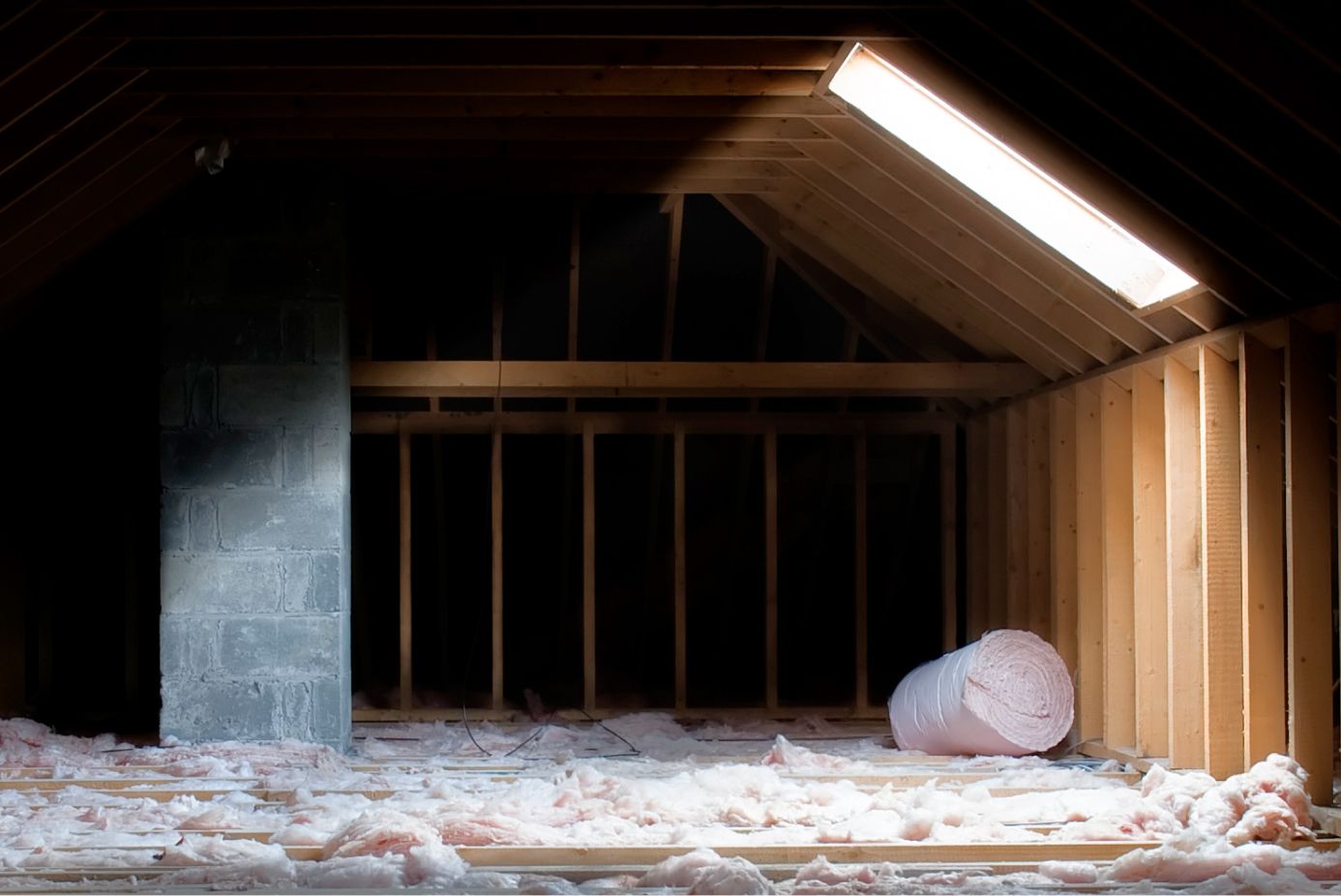 Attic with loft insulation down and a roll of insulation