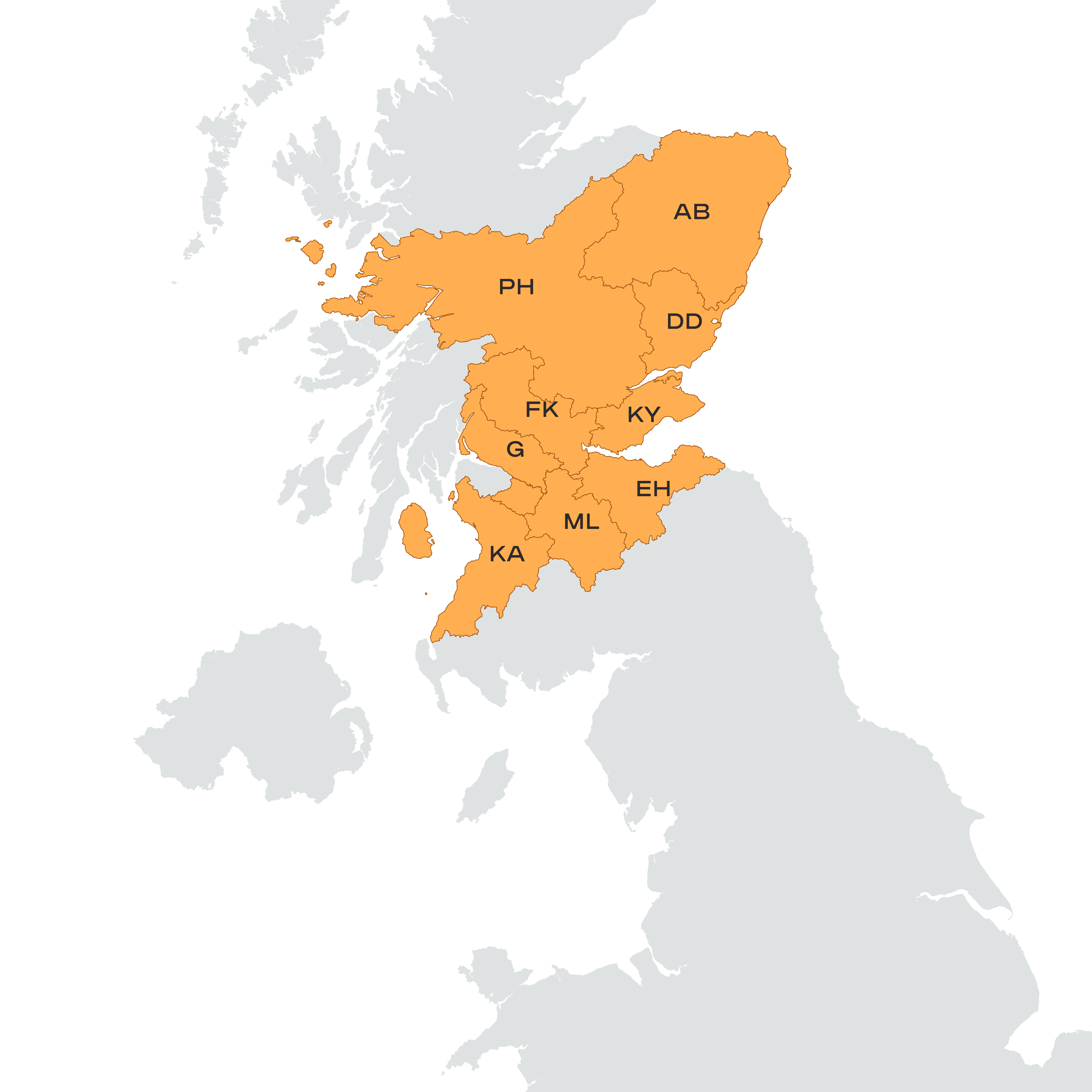 Map of the Scotland highlighting the postcodes served by Aira Stirling